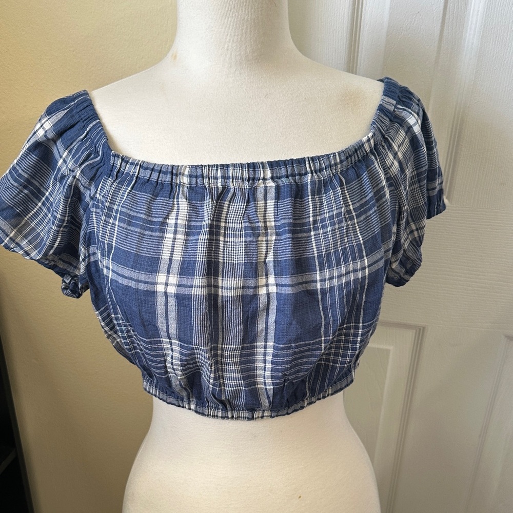 American Eagle Outfitters Navy Plaid Off-Shoulder Blouse